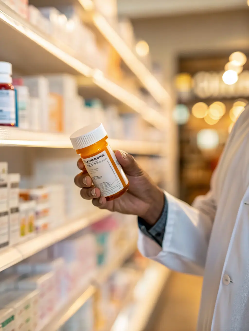 A prescription bottle with a magnifying glass over it, symbolizing a detailed review of prescription drug coverage options.