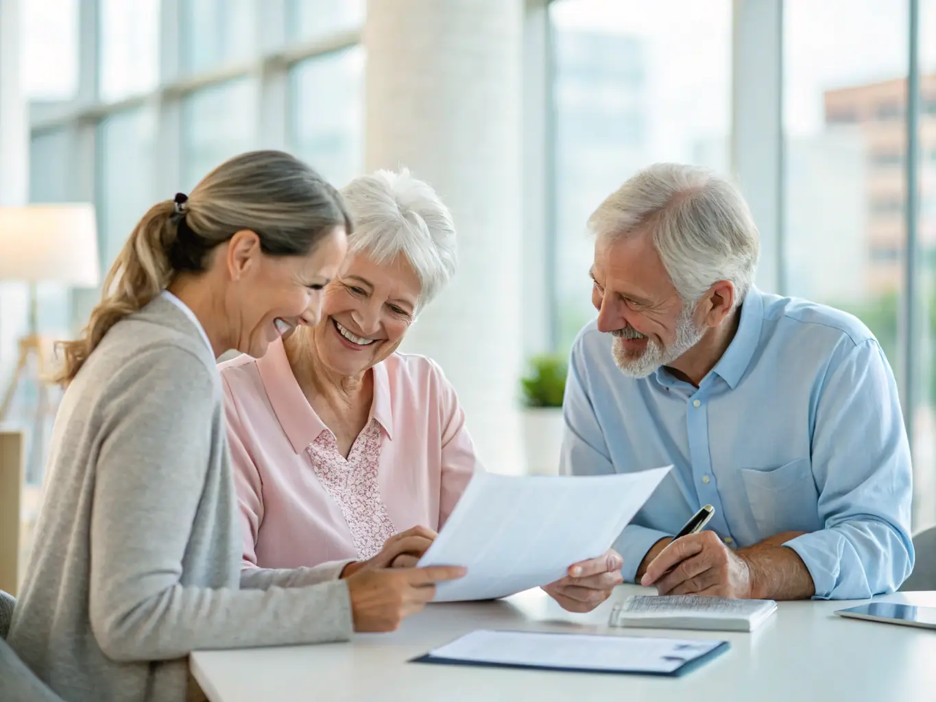 A senior couple smiling and reviewing Medicare plan options with an Integrity Medicare advisor in a bright, modern office setting. The focus is on trust and personalized service.