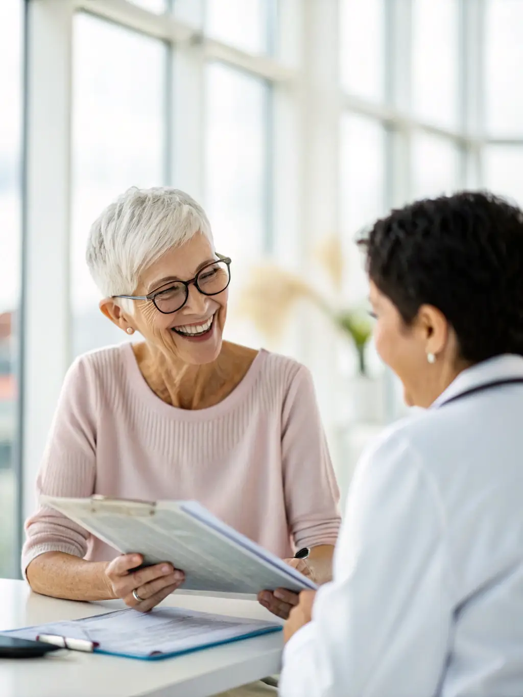 A friendly insurance advisor helping a senior client understand Medicare Advantage plan options, sitting at a table with plan documents and a laptop.