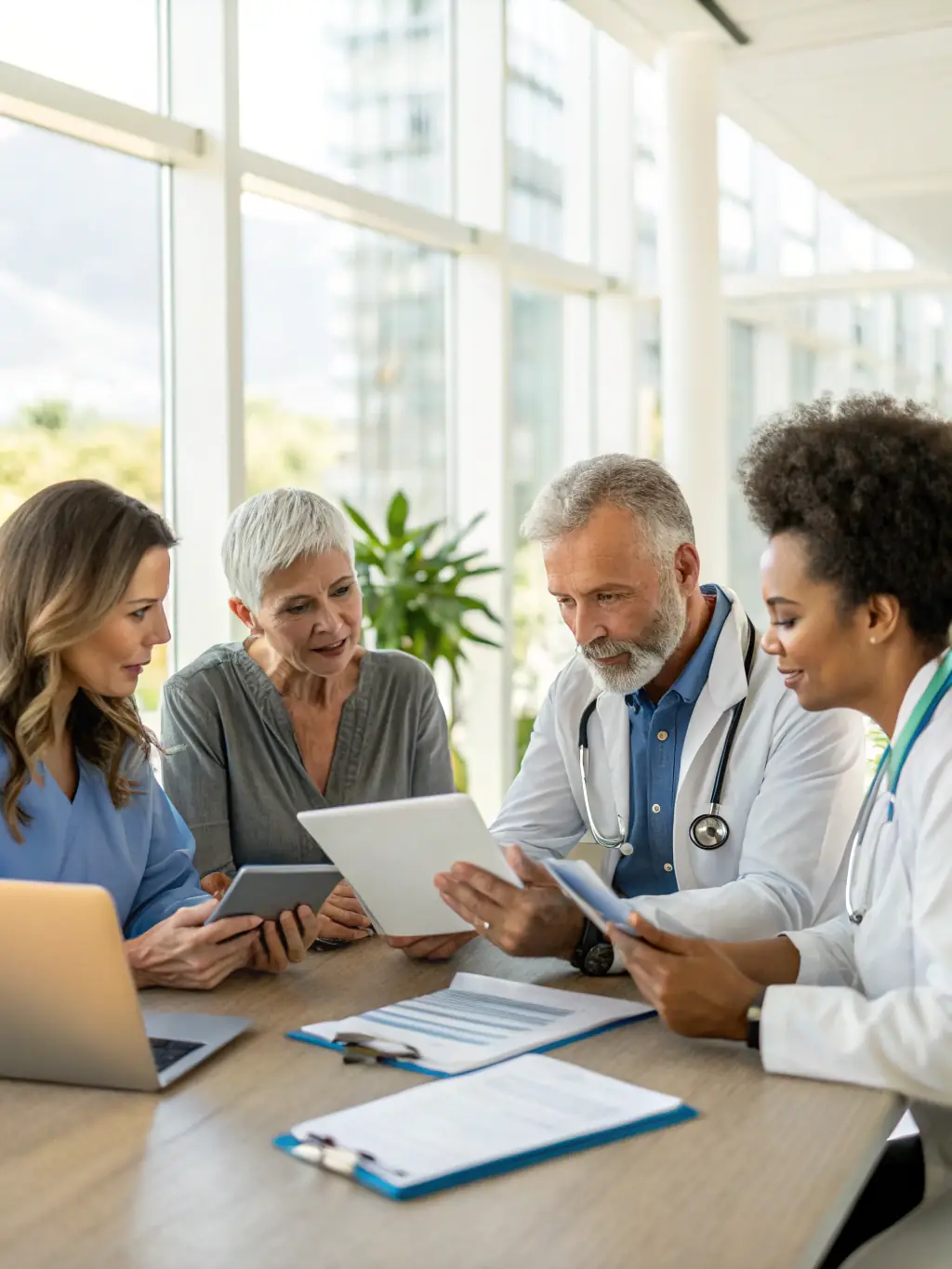 A friendly Integrity Medicare advisor sitting at a desk, reviewing Medicare plan options with a senior couple, bathed in natural light from a nearby window, creating a warm and trustworthy atmosphere.