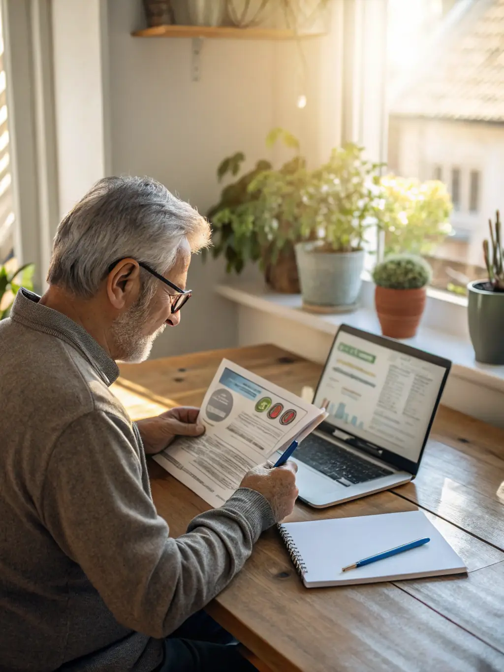 A senior couple happily reviewing their Medicare plan options together with an advisor, highlighting the peace of mind we bring to families.