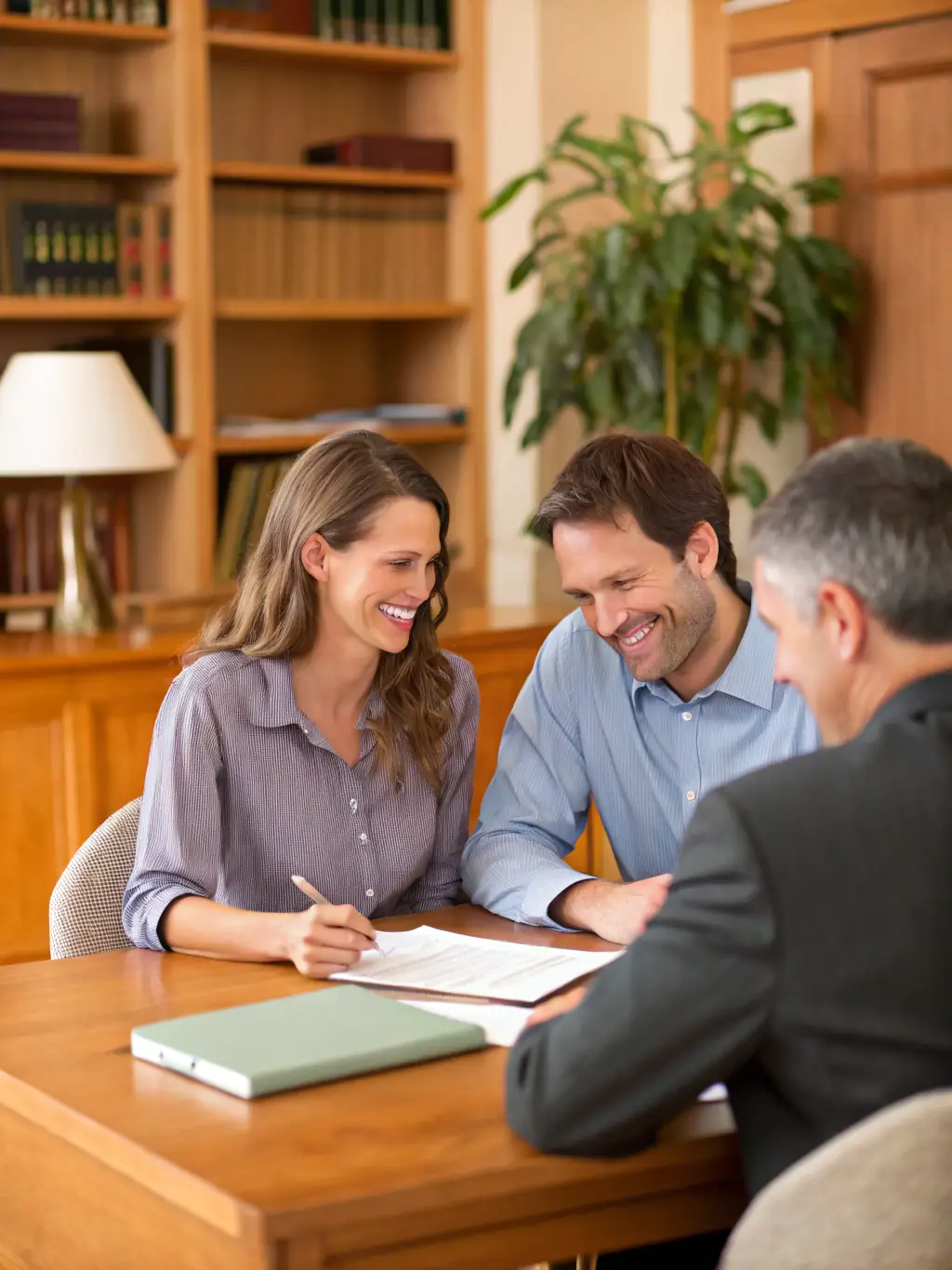 A senior couple smiling and discussing their healthcare options with an Integrity Medicare advisor in a bright, modern office setting. The focus is on trust and personalized service.