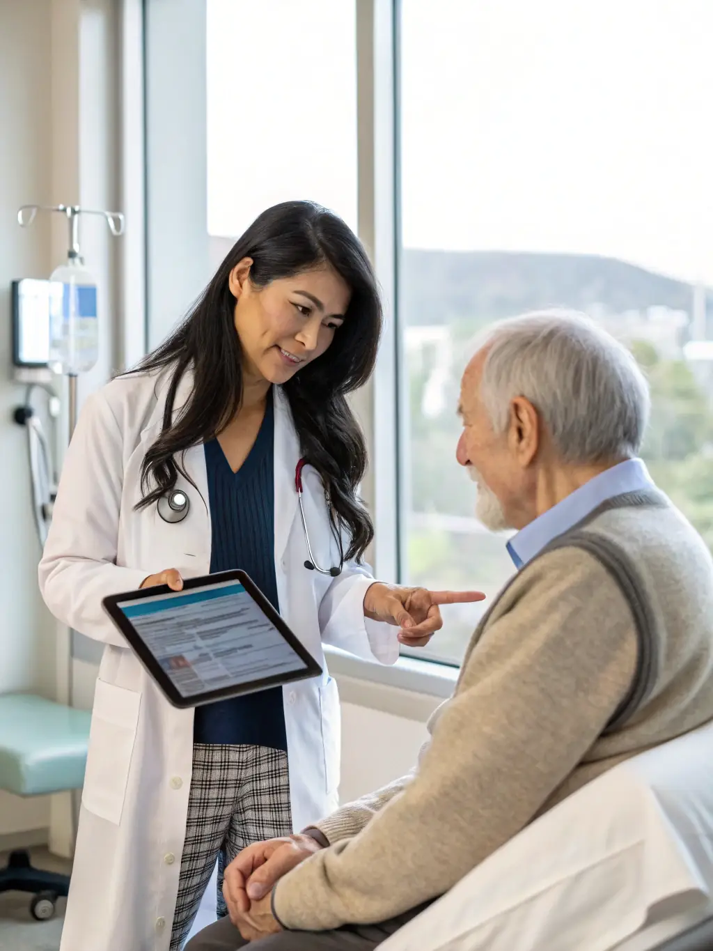 A doctor explaining the benefits of a PPO plan to a patient in a well-lit examination room. The scene conveys flexibility and choice.