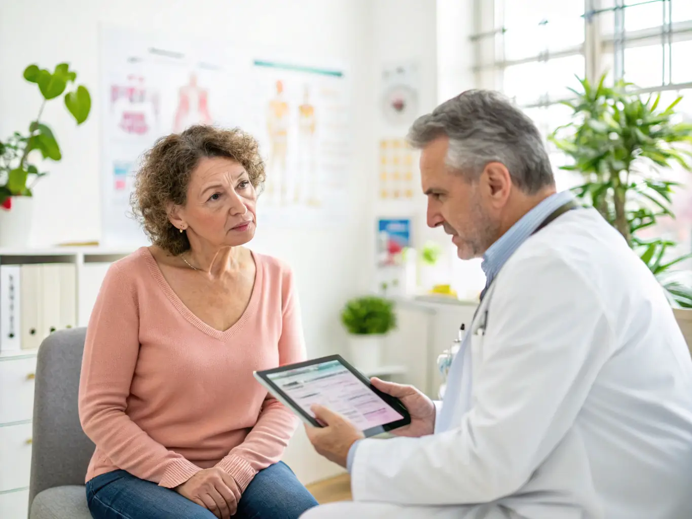 A senior woman smiling and talking with her doctor in a well-lit, modern clinic, symbolizing personalized care coordination under a Medicare Advantage plan.
